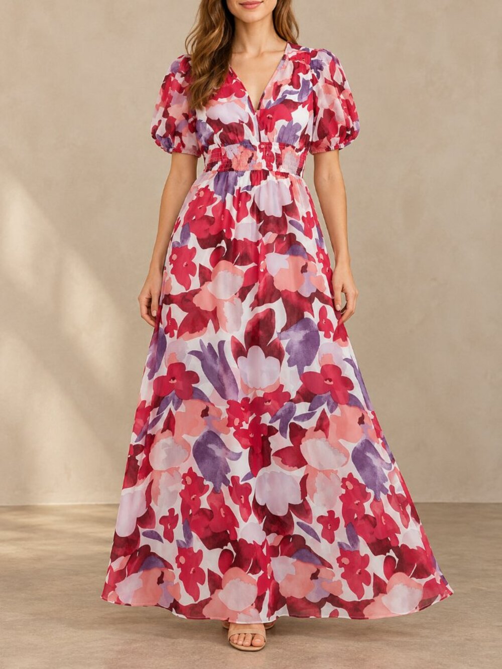 ELINGS Floral Puff Sleeve Smocked Waist Maxi Dress Small New Without Tags